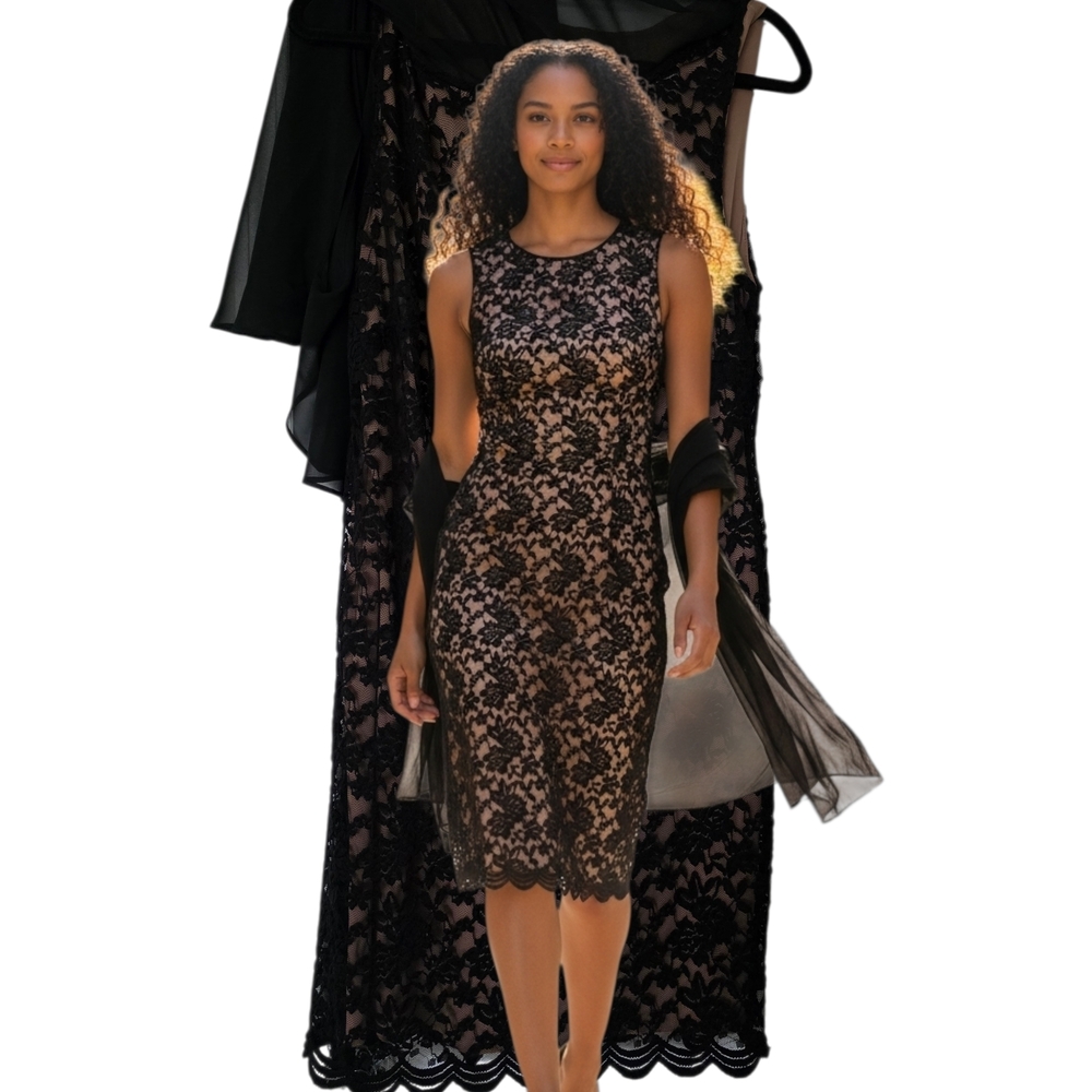 Elegant Black Lace Midi Dress perfect for cocktail party.